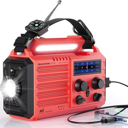 Radio awaryjne z korbką dynama, solarne, lampa LED, powerbank, alarm